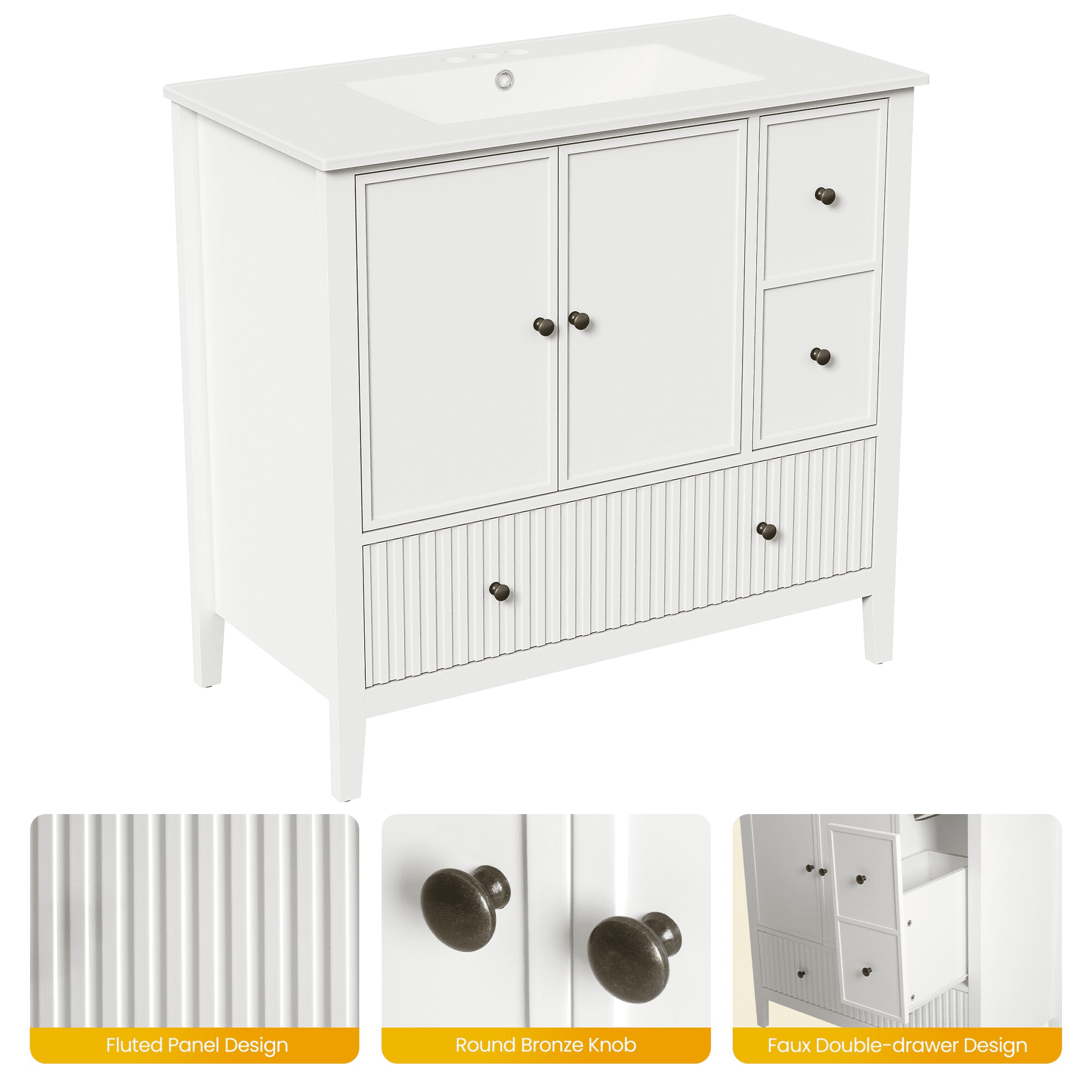 Mintazer 36 Inch Fluted Freestanding Bathroom Vanity with Ceramic Sink, Farmhouse Single Sink Bath Cabinet with Doors and Drawers, White