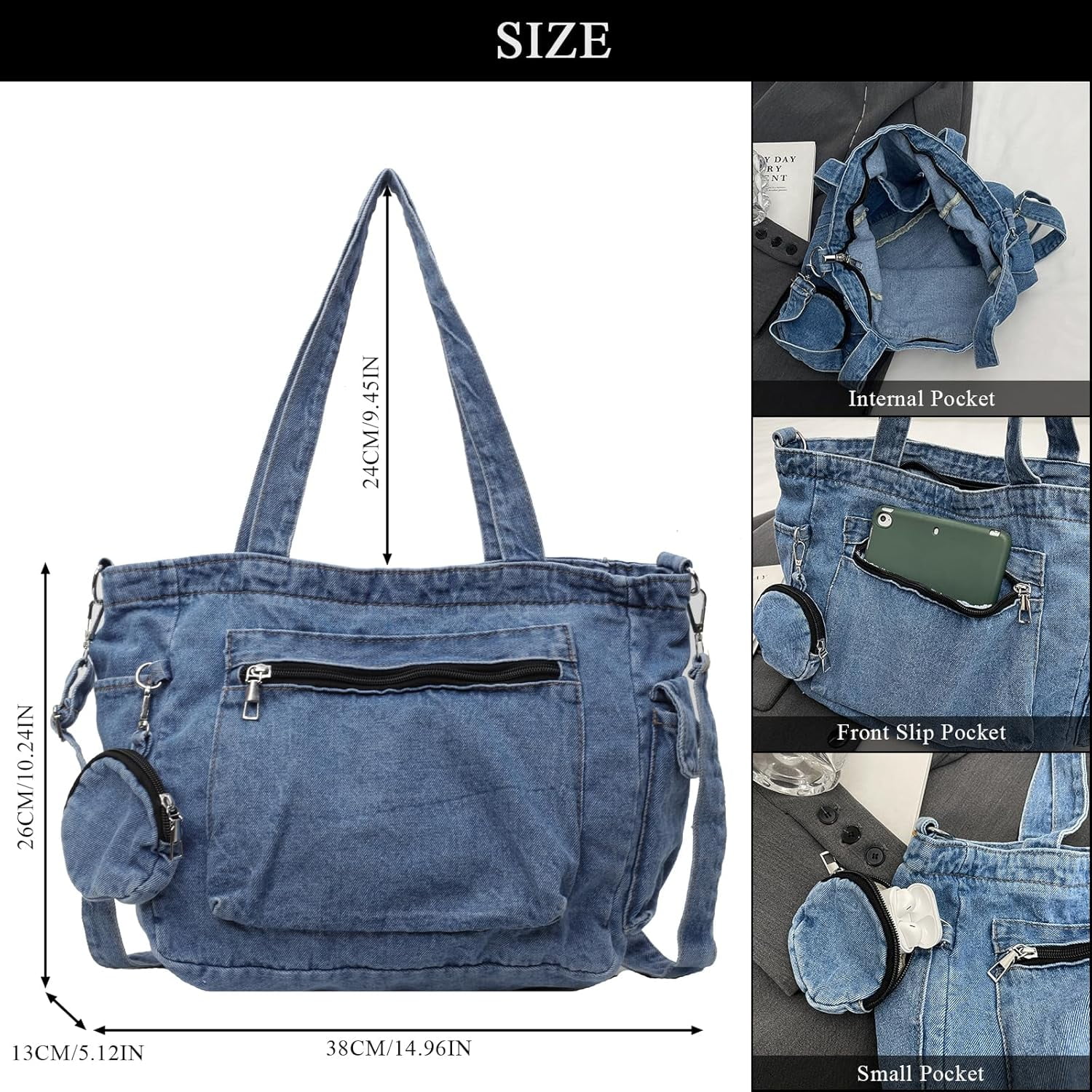 Denim Tote Bag, Large Capacity Jean Purses for Women Denim Crossbody Handbags with Small Purse