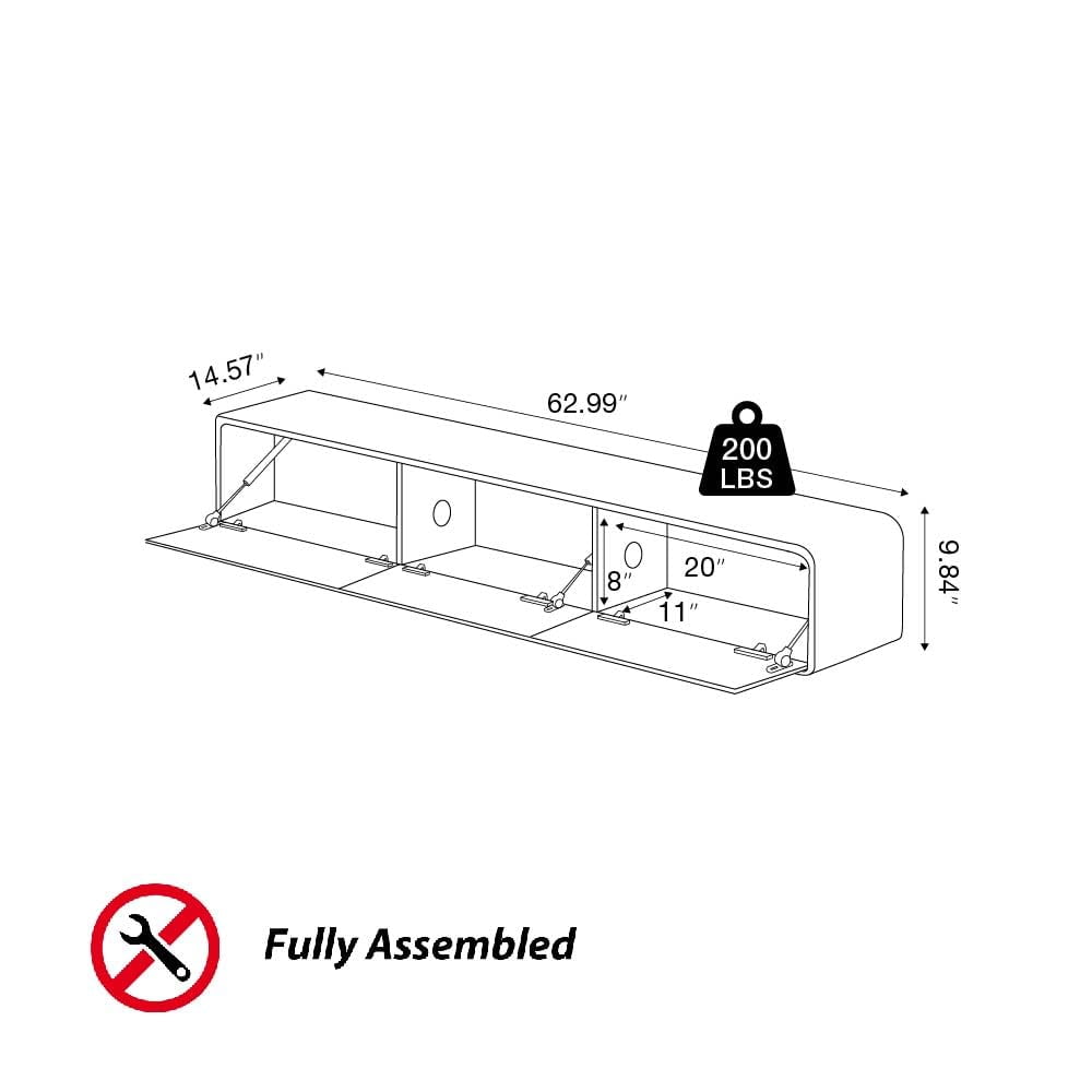 POVISON 63" Minimalist Floating TV Stand for up to 50",Fully Assembled Modern Wall-Mounted Media Console with 3 Flip-Down Cabinet Doors,Walnut & Black