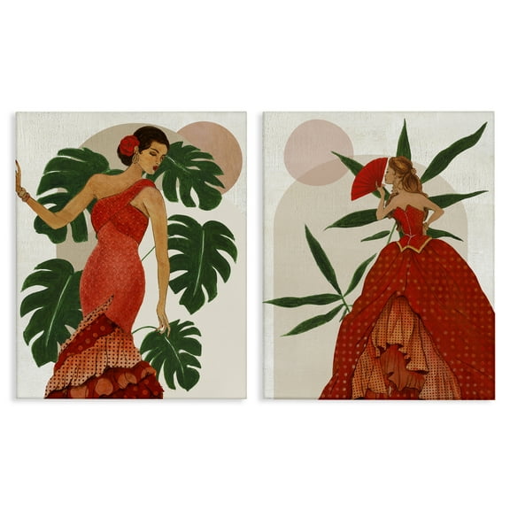 Stupell Industries Tropical Fashionistas in Red People Painting Wrapped Canvas Art Print Wall Art, 16 x 20, Set of 2