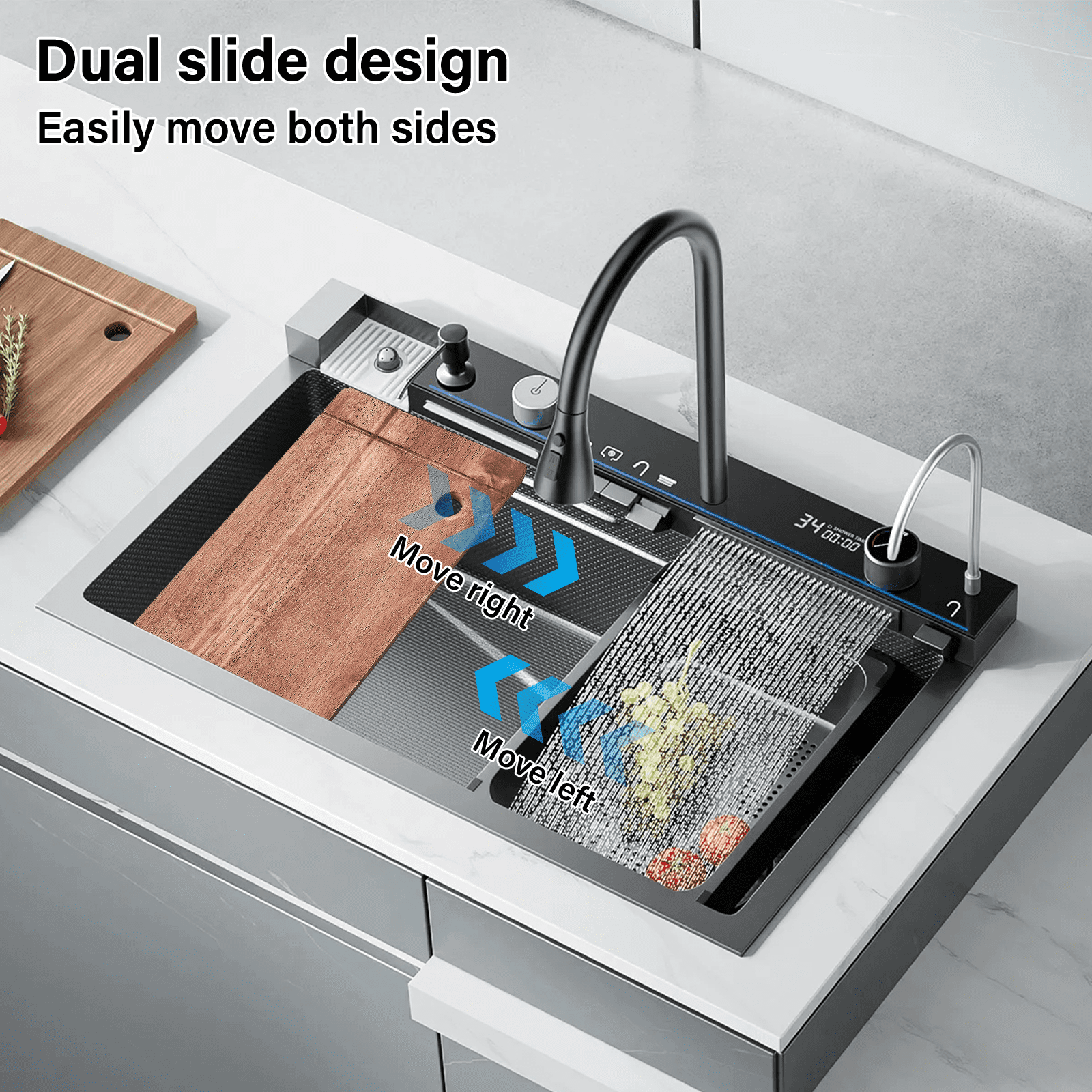 Kitchen Sink 304 Stainless Steel Single Bowl Kitchen Sinks, Digital Display Waterfall Sink, With Pull Down Sprayhead Faucet, With Pressurized Cup Washer and Two Waterfalls