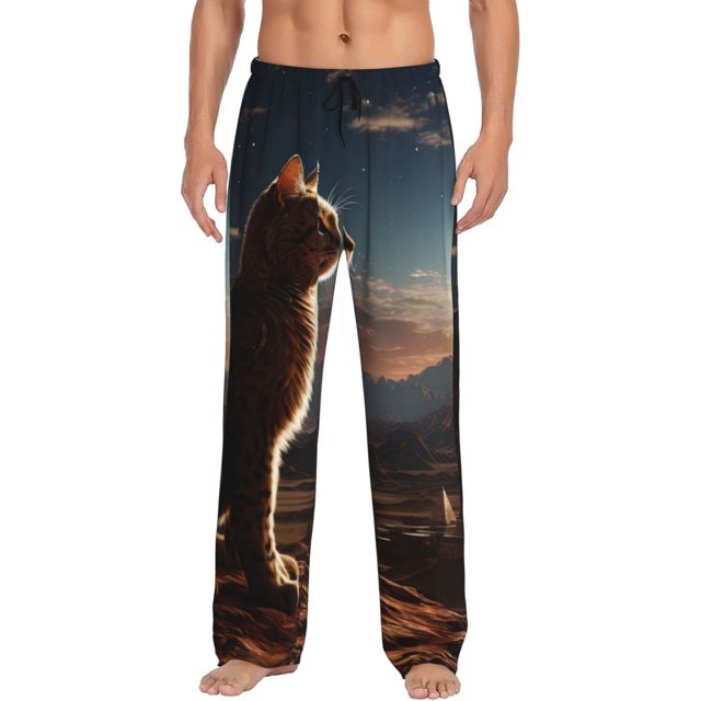Balery Pyramid Desert Cat Pantalones de pijama para hombre, pijama ultraligero, pantalón de descanso-XX-Large