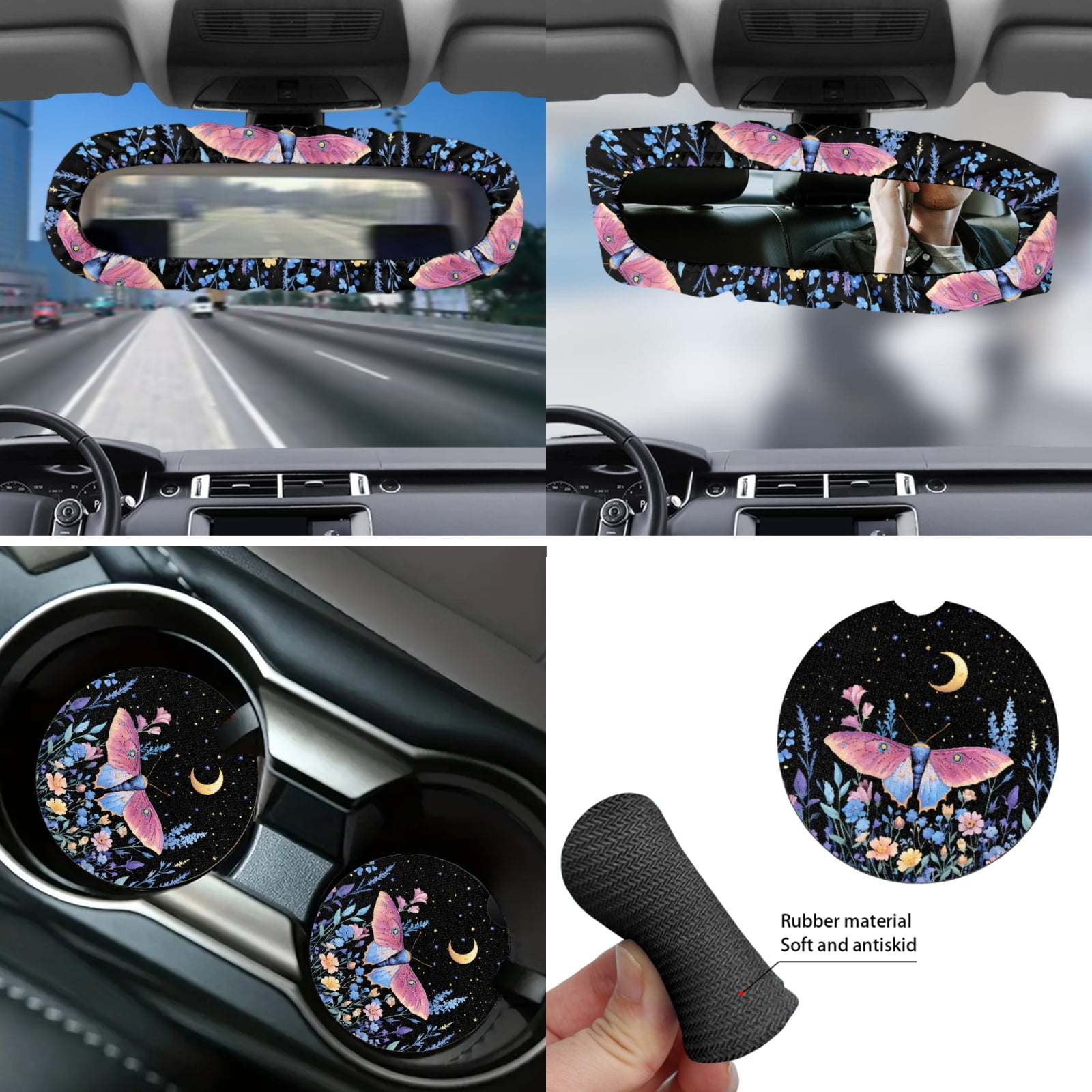 Yuyamidu Butterfly Car Seat Cover Full Set with Steering Wheel Cover Flower Seat Belt Strap Pads Cup Coasters Trash Bag Rearview Mirror Cover Armrest Cover Pad Auto Handbrake Cover Set of 14