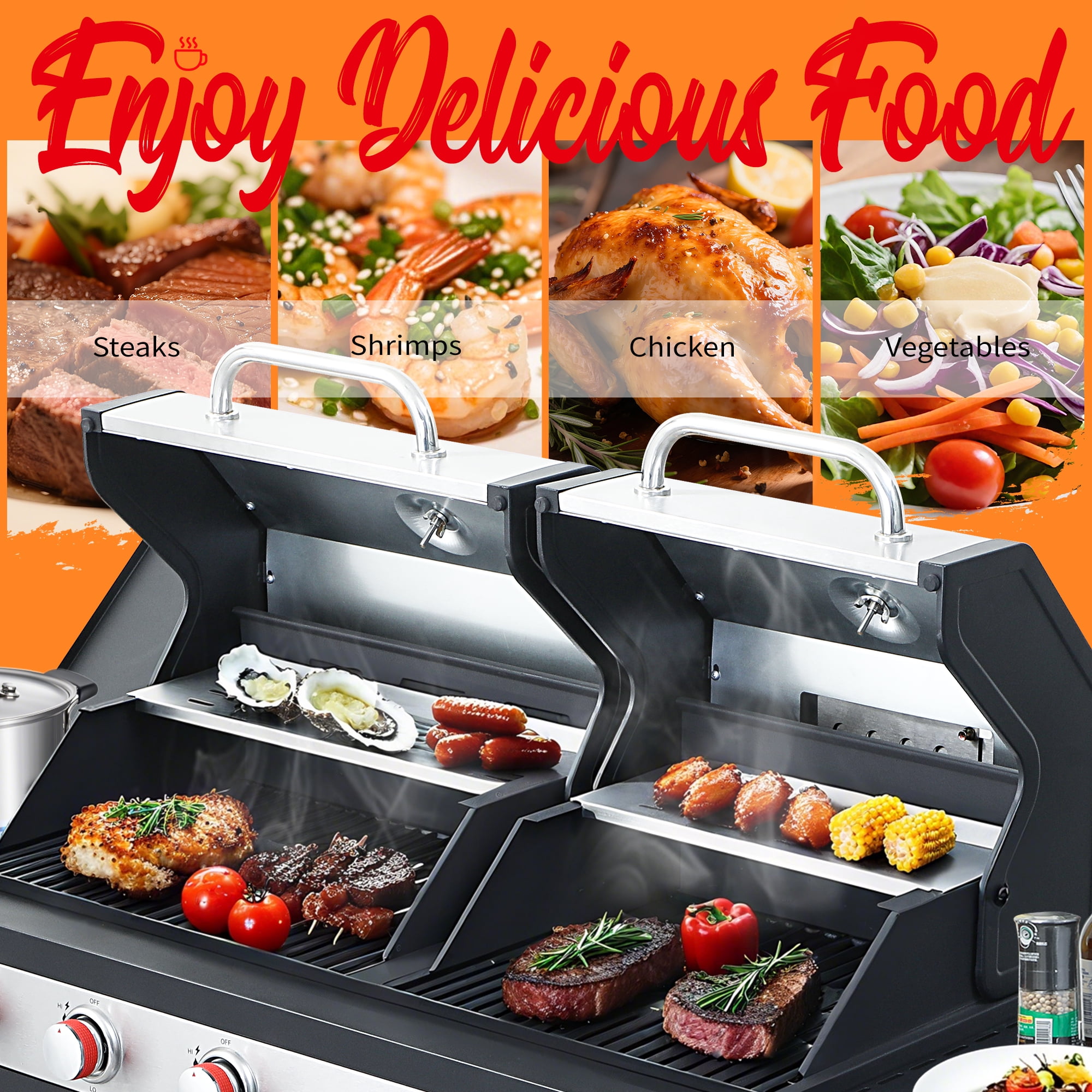 3-Burner Propane & Charcoal Combo Grill with Side Burner - 37,230 BTU Outdoor BBQ - Ceramic Cast Iron Grates & Stainless Steel Warming Rack - Backyard Barbecue