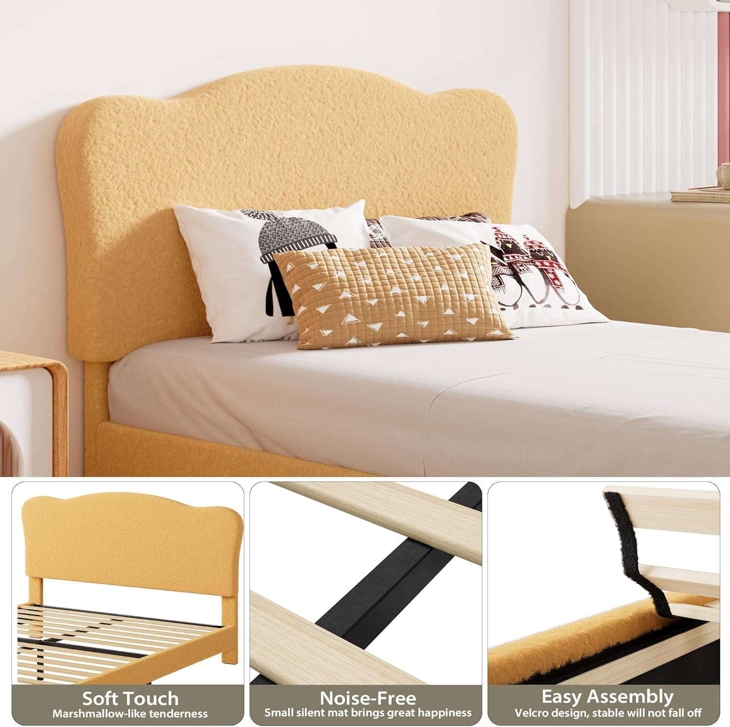 Upholstered Full Size Bed Frame with Scallop Headboard, Cute Velvet Full Bed , Sturdy Platform Bed, No Box Spring Needed, Wooden Slats, Noise Free, Yellow
