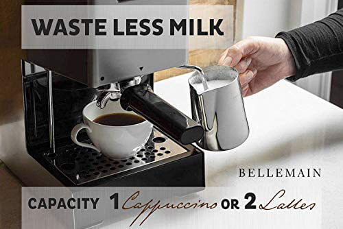 Larger pitchers force you to waste milk. Stainless Steel Milk Frothing Pitcher 12 oz./350 mL perfect size for making 1 cappuccino or 2 lattes by ACLUXS— Ideal for Espresso Machines and Latte Art