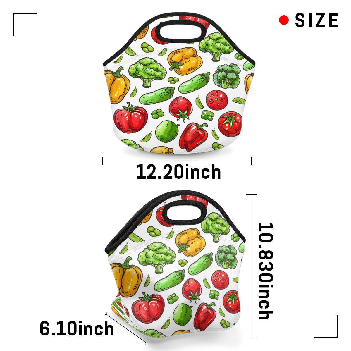 Herdesigns Colorful Neoprene Lunch Bag, Vegetable Print Insulated Lunch Box for Women Men Washable Lunch Tote Soft Lunch Container With Zipper for Work Picnic Travel