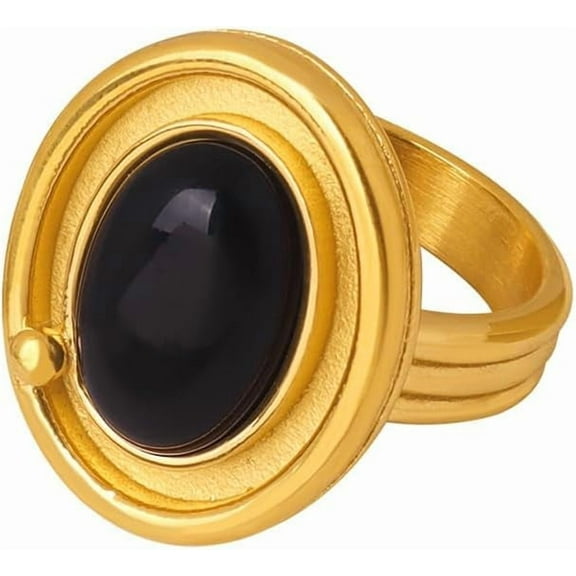 Oval Black Stone Statement Rings for Women Geometry Stainless Steel Round Disc Finger Bands Engagement Promsie Band Rings Dainty Jewelry