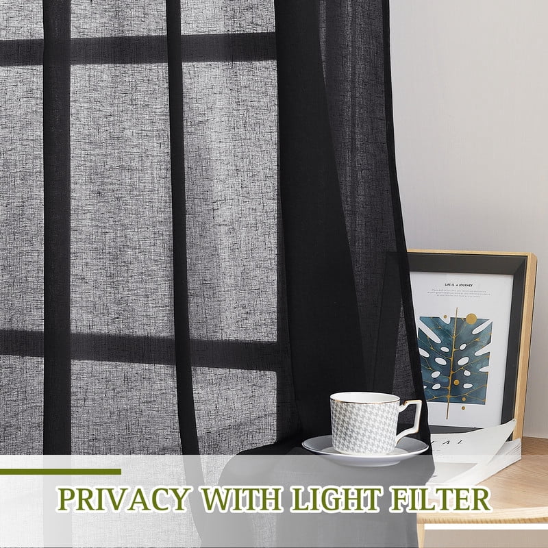 NICETOWN Black Sheer Curtains for Bedroom, Grommet Semi Sheer Linen Window Treatment Linen Weave Vertical Drapes Privacy with Light Filter for Kid's Room, 52"x63", 2 Panels