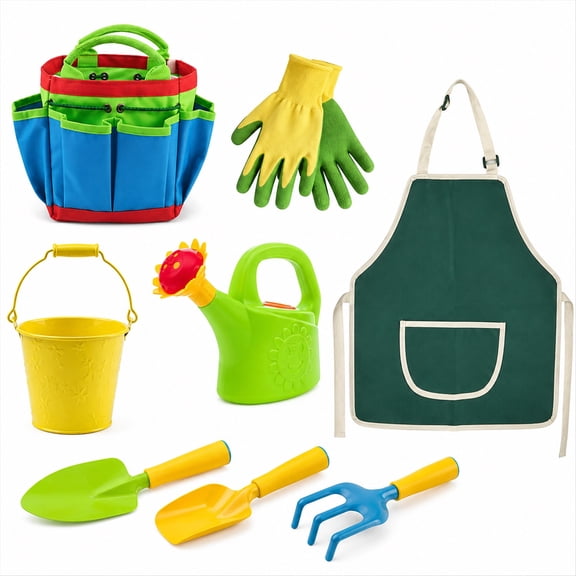 Lenbar 9 Pcs Gardening Tool Kit for Kids with Tote Bag, Apron, Gloves, Watering Can, Bucket, Trowel, Shovel and Cultivator, Outdoor Toys, Ages 3