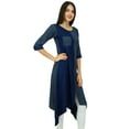 thumbnail image 2 of Bimba Womens Asymmetrical Long Tunic Blue Casual Kurta Kurti 3/4 Sleeve Dress, 2 of 8