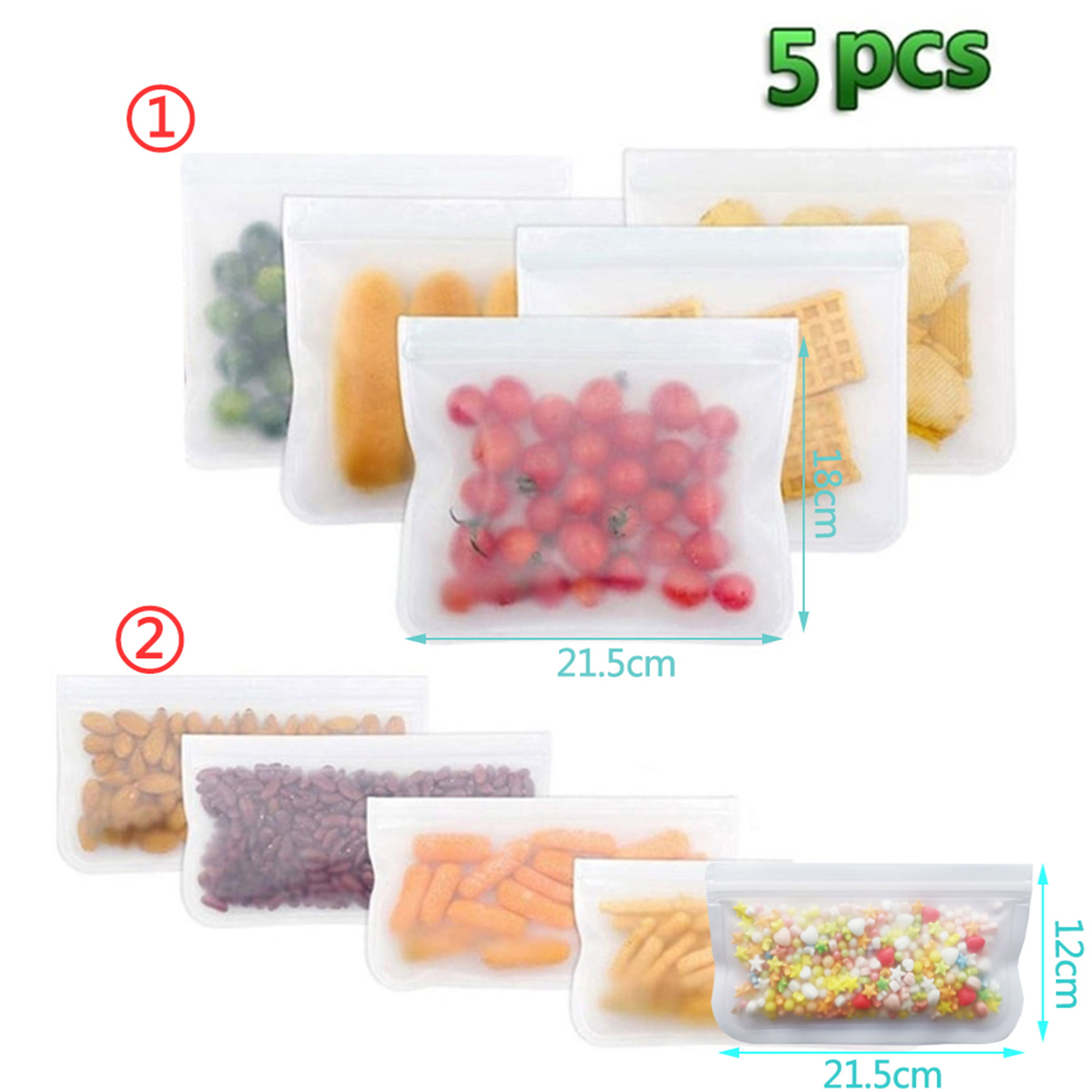 5PCS Silicone Freshness Food Storage Bag Reusable Freezer Ziplock Leakproof Bags 