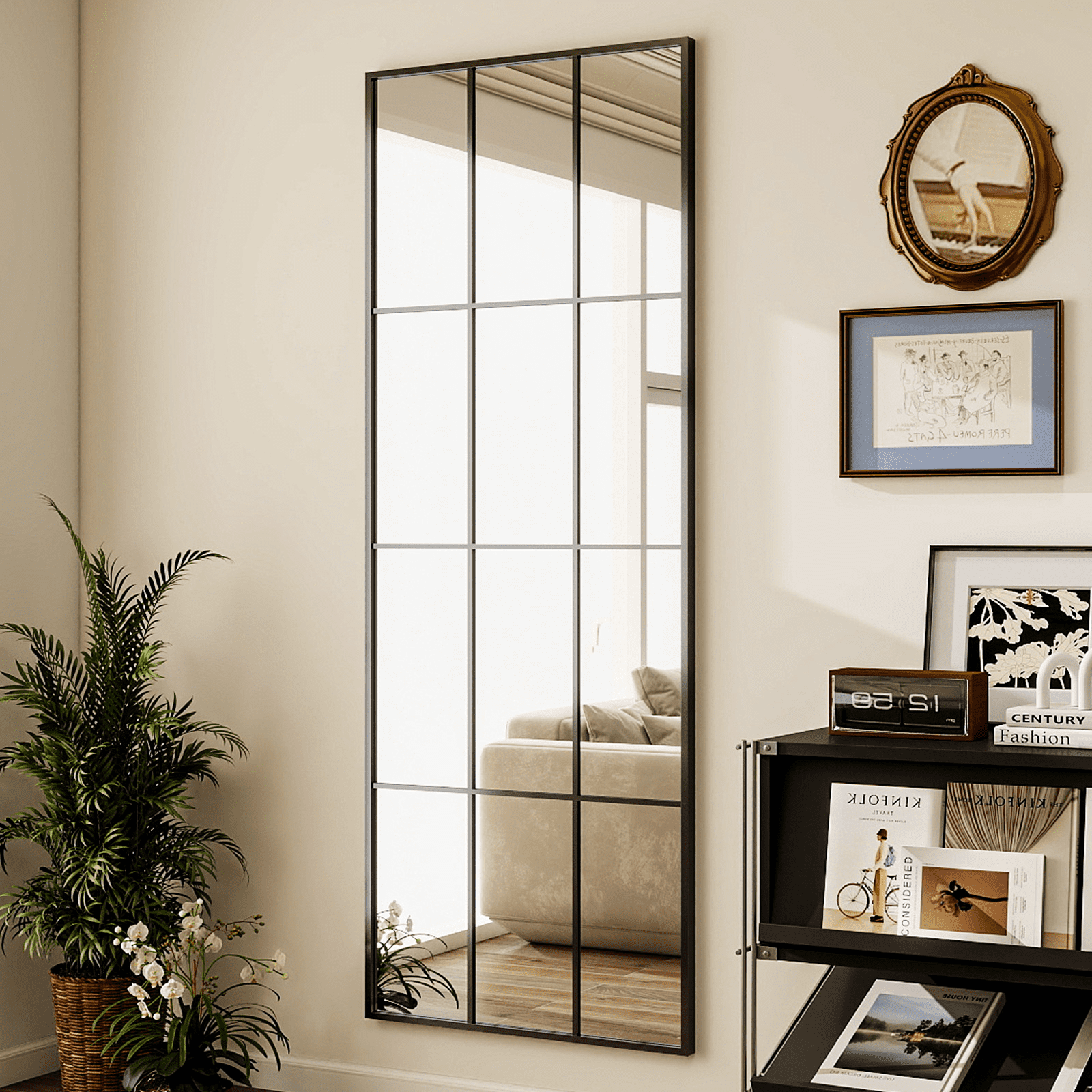 GRAHMCY 65"x25" Full Length Floor Mirror with Windowpane Rectangular Wall-Mounted Mirror, Black
