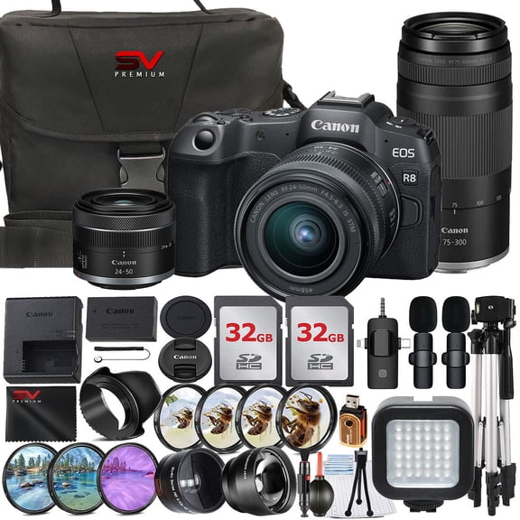 Canon EOS R8 Mirrorless Camera with RF 24-50mm   75-300mm Lens   2 Pack 32GB Memory Card   Case   Wide Angle   SV Premium Accessory Bundle (International Version)
