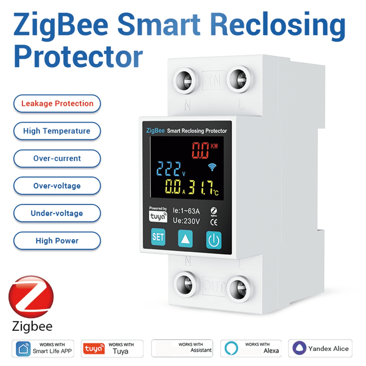 ZigBee TUYA Smart Life 2P/63A Circuit Breaker Earth Leakage over Under Voltage Protection Protector Relay Energy Meter,1 x Circuit breaker,White