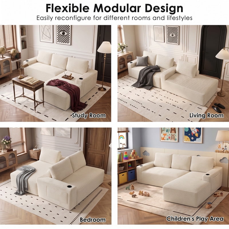 Anpport 104" Boneless Cloud Modular Sectional Couch, Corduroy Sofa with Cup Holders, Side Pockets, Deep Seat, No Assembly Required for Living Room, White (R‑Shaped, Right Facing Chaise)