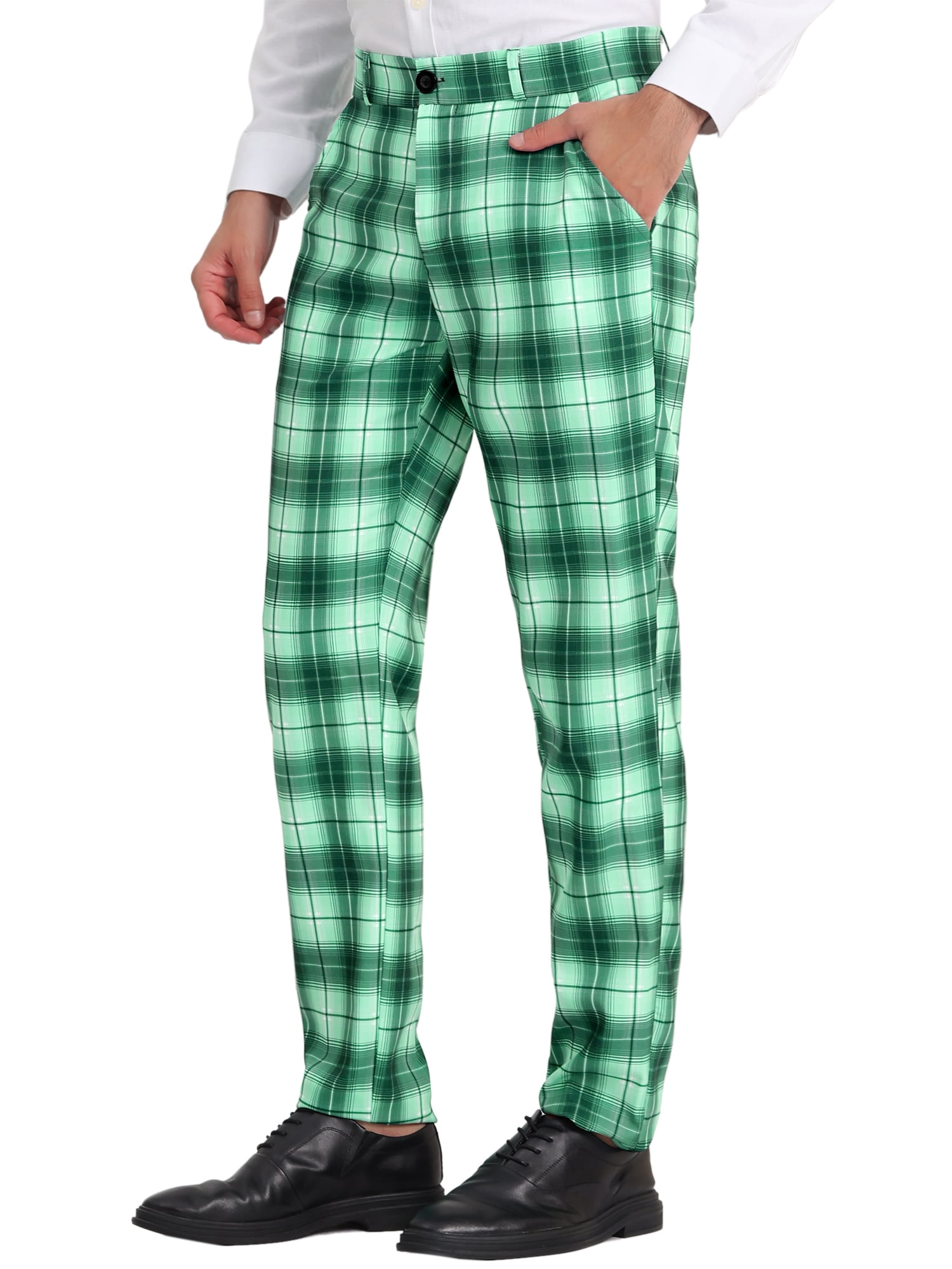Unique Bargains Men's Plaid Slacks Regular Fit Flat Front Work Prom Checked Pants 36 Light Green