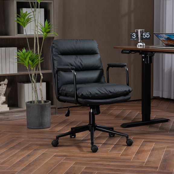 Black Mid Back Office Chair Ergonomic PU Leather Desk Chair with Arms, 40° Reclining, Adjustable Height Swivel Task Chair