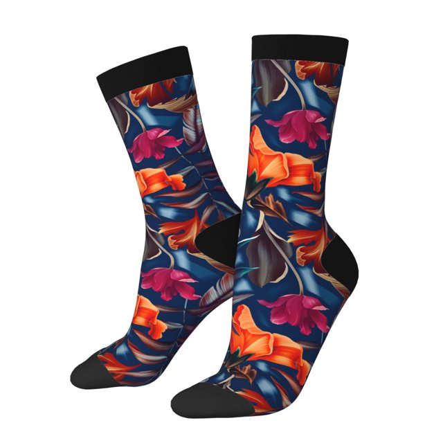 Wukai Tropical Flower Print Contrast Color Mid-tube Socks, 3D Printing Design Adult Socks, High Elastic Breathable Sports Socks, Suitable for Daily,Unisex