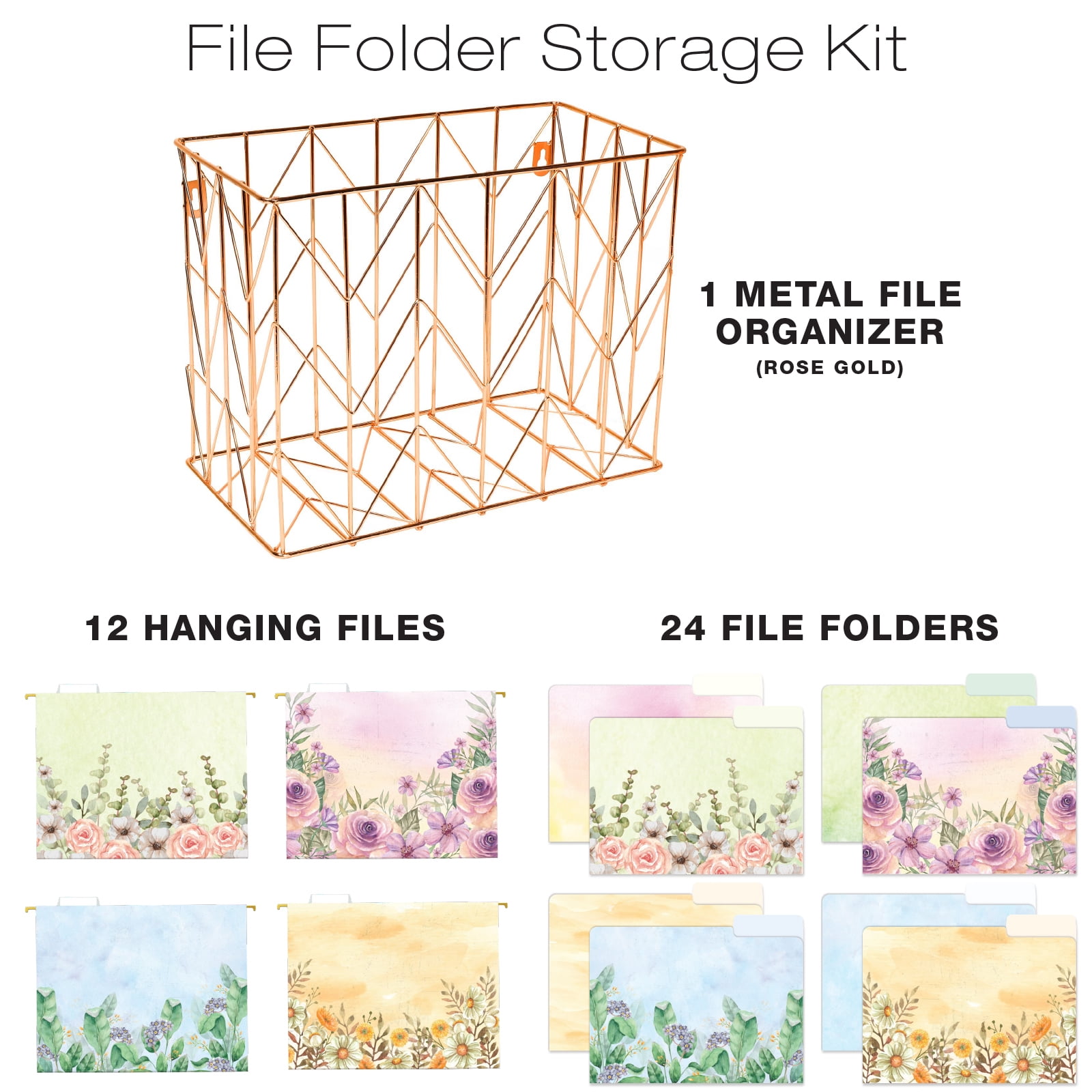 12 Hanging Folders, and 24 File folders, Letter Sized - Watercolor Floral