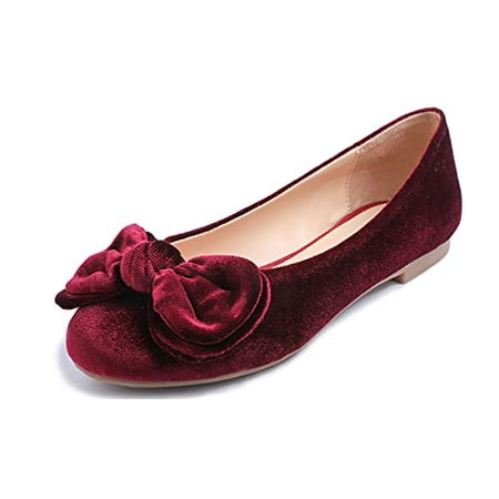

Feversole Women s Round Toe Cute Bow Trim Ballet Flats Burgundy Velvet Twist Bow Size 9 M US