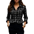 thumbnail image 2 of FDGIU Women's Plaid Button Down Shirt, Lapel Long Sleeve Loose Fit Collared Blouse Casual Tops for Office Daily Travel Outfits, 2 of 7