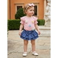 thumbnail image 5 of Loicainy Baby Toddler Girl Summer Outfit 3 6 9 12 18 Months Crochet Floral Short Sleeve Romper Faux Denim Ruffle Shorts Matching Bow Headband, 5 of 9