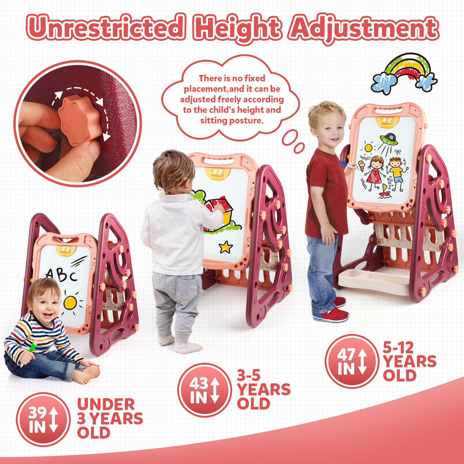 UUSUOO Easel for Kids,3 in 1Double Sided Art Easel with Magnetic White Board & Chalk Board,Adjustable Standing Toddler Easel with Art Accessories,Christmas Gift for Kids Ages 3+,Red