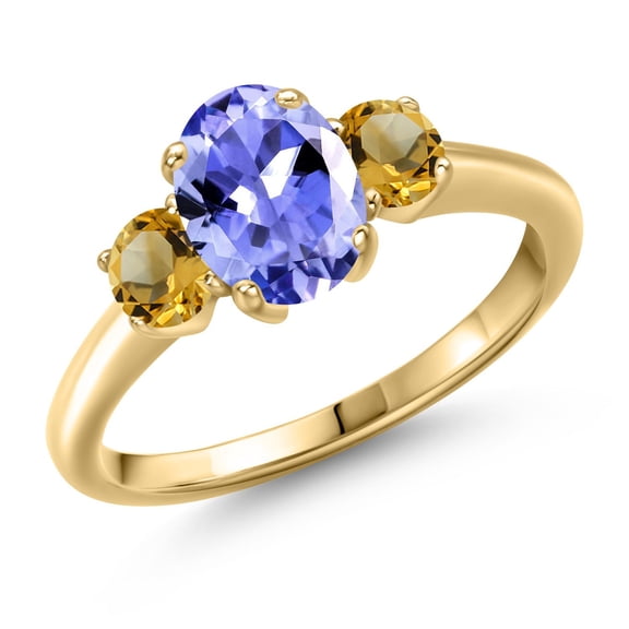 Gem Stone King 1.67 Ct Oval Blue Tanzanite Yellow Citrine 18K Yellow Gold Plated Silver Ring (Size 9)