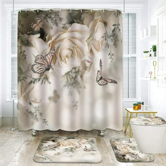 4 Piece Flowers and Butterflies Shower Curtains set Bathroom Sets,Elegant Floral Bathtub Decor with Bath Rugs Floor Carpet Mat Toilet Seat Cover Hooks,71 Inch Size Long Room Decorations (Yellow)