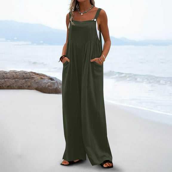 ITSAME Jumpsuits for Womens, Trendy Loose Casual Sleeveless Wide Leg Overalls with Pockets Army Green XL