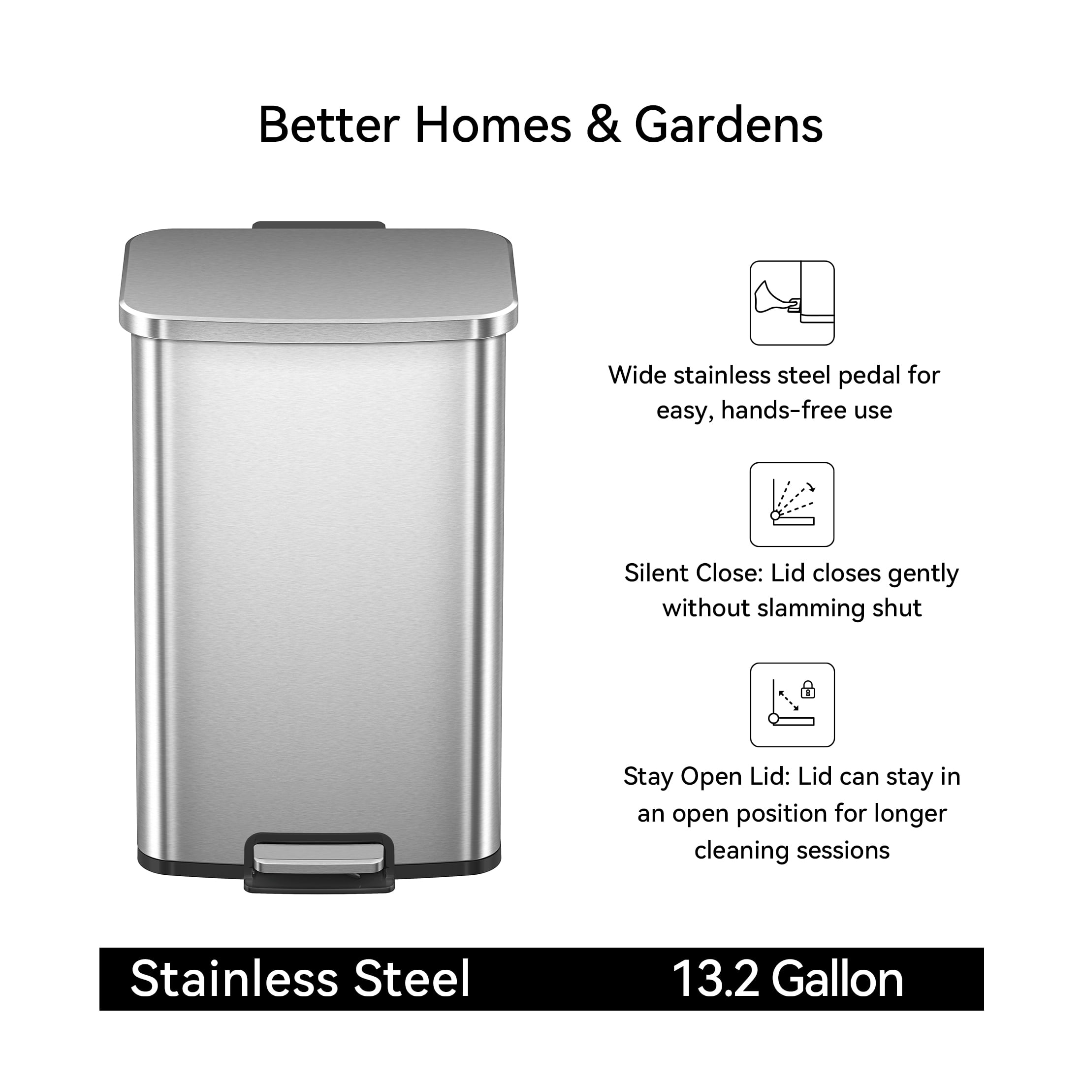Better Homes & Gardens Kitchen Trash Can, 13.2 Gallon Stainless Steel Step Garbage Bin with Soft Close Lid, Silver