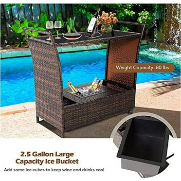 HAPPYGRILL Patio Wicker Bar Cart with Wheel and Ice Bucket Outdoor Rolling Beverage Bar Counter Table with Glass Top Modern Rattan Wine Serving Cart for Poolside Backyard Garden