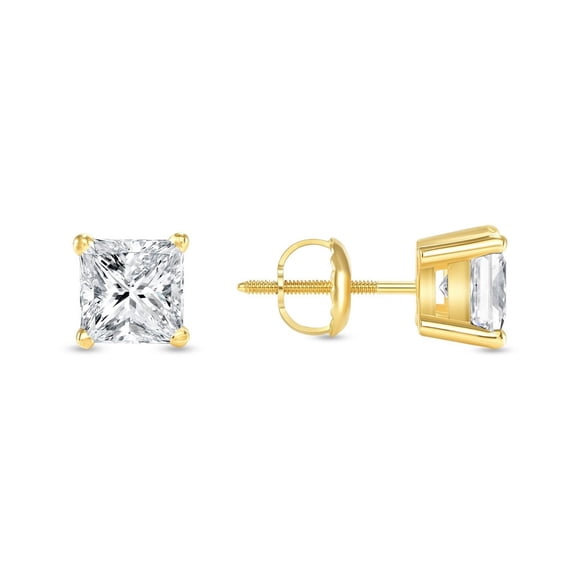 1.25 Ct Princess Lab Created Grown Diamond Earrings Studs 14K Yellow Gold F/VVS