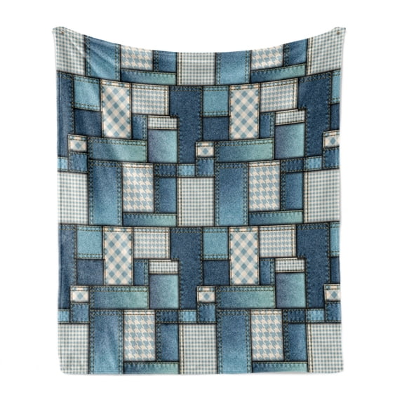 Colorful Soft Flannel Fleece Throw Blanket, Denim Motif Background with Several Sewing Simplistic Abstract Design, Cozy Plush for Indoor and Outdoor Use, 60" x 80", Blue and Baby Blue, by Ambesonne