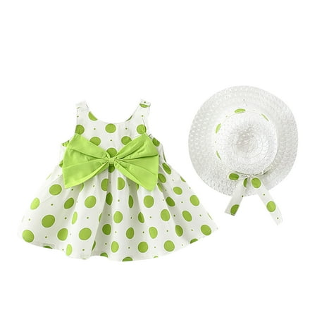 

EHTMSAK Newborn Infant Baby with Hat Polka Dot Dress for Girls Bow Sundress Summer Sleeveless Dresses Green 0-24M 90-9/10