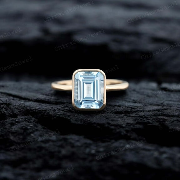 CHIRAGEMSJEWEL 8X6MM / 1.5 Ct Aquamarine Promise Ring ,March Birthstone Bezel Setting Solitaire Ring Christmas Gift for Love