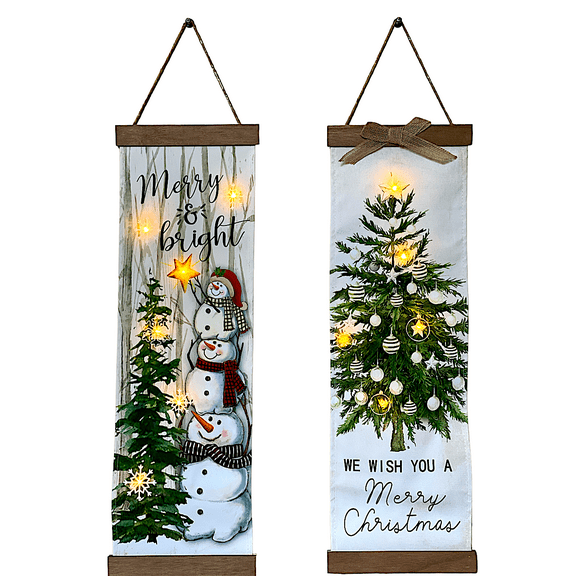 Christmas Banners Set Porch Wall Door Decorations Lighted Indoor Outdoor Prelit Lean Sign Snowman Family & Christmas Tree 30" x 8"