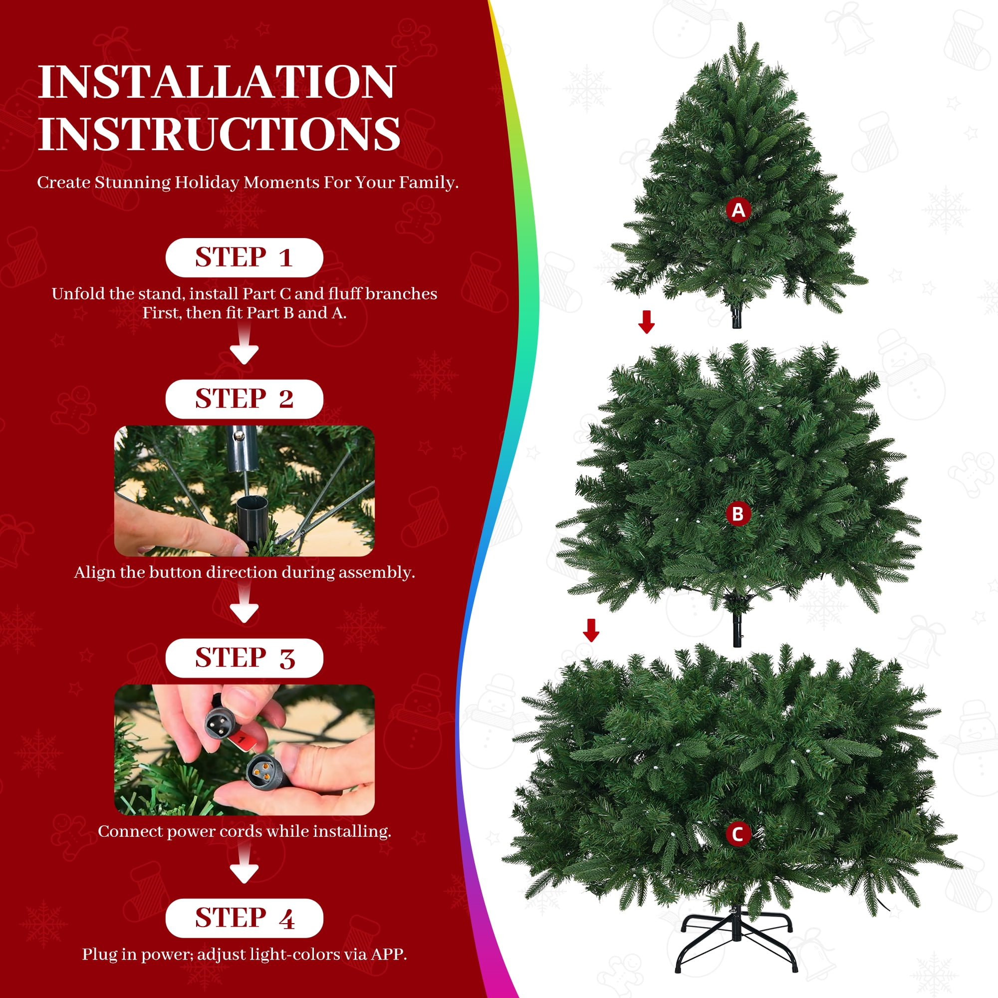 6 ft Prelit Christmas Tree with 700 LED Lights, App Control, Multi-Color RGBW Lights, Green