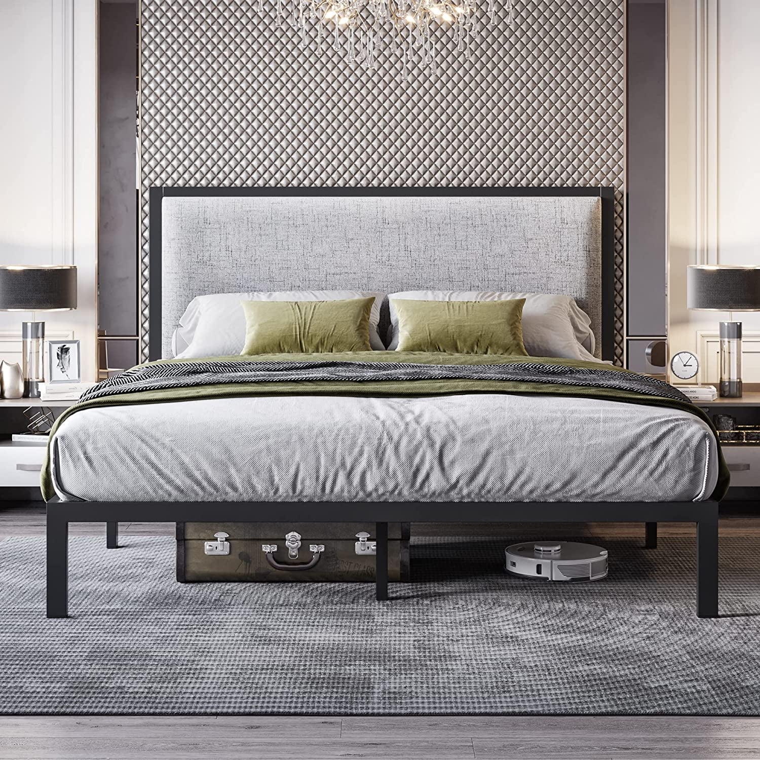 Allewie Full Size Metal Platform Bed Frame with Fabric Upholstered Headboard, Heavy Duty Steel Structure, Grey