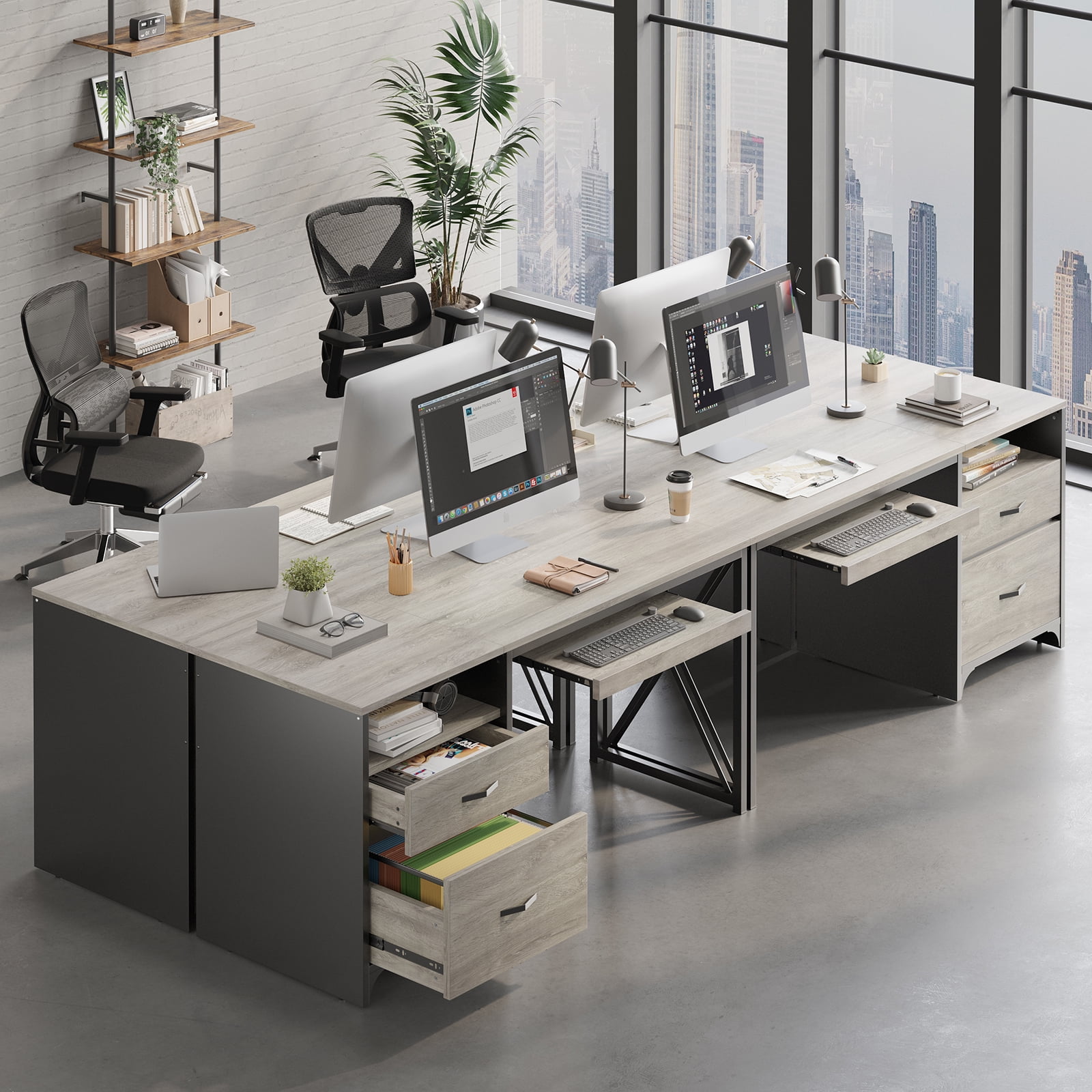 Bestier 55 inches Computer Desk with Storage Drawers & Keyboard Tray & File Drawer Home Office Desk in Gray