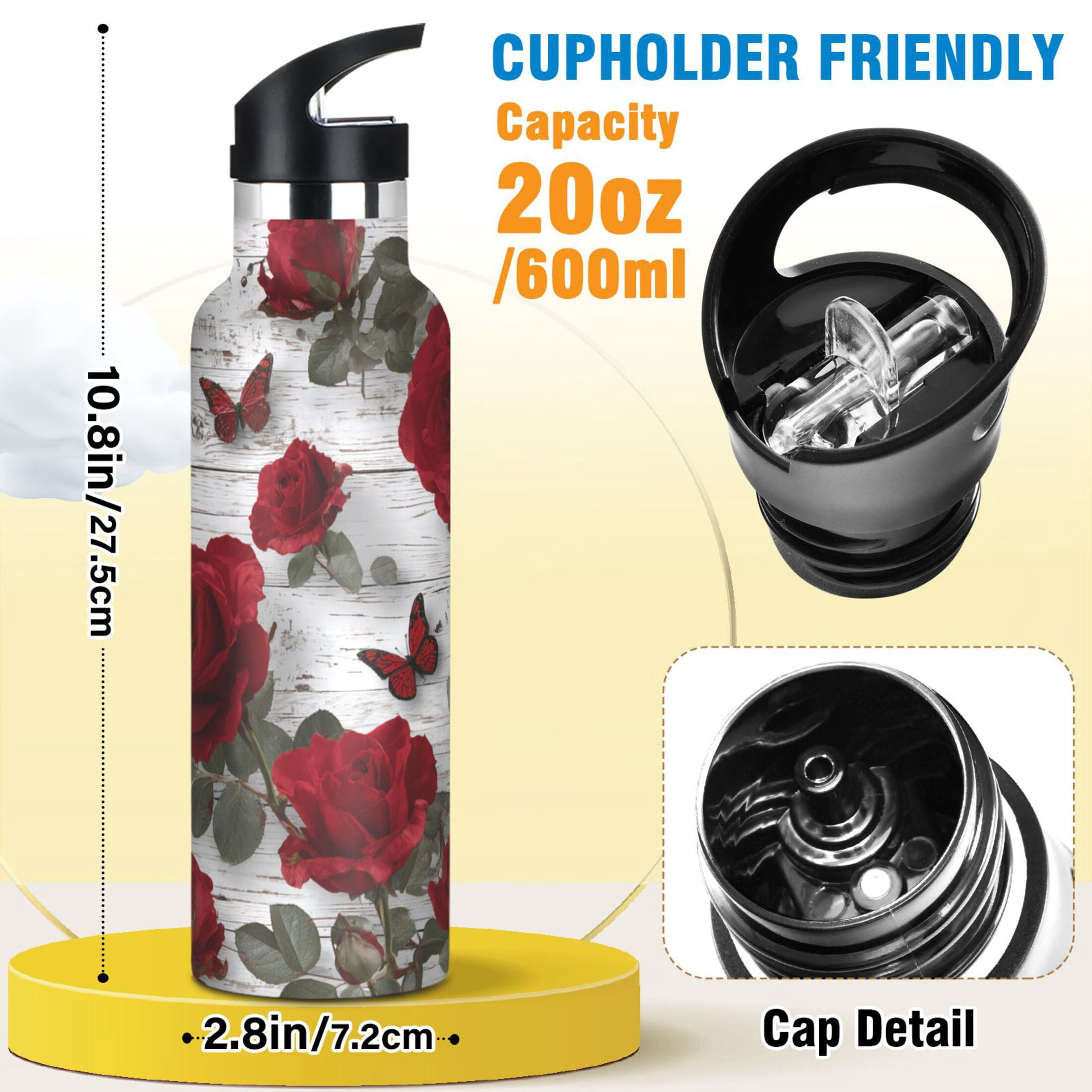 Kids Insulated Stainless Steel Sports Water Bottle 600ml (20oz) Roses and Butterflies Pattern