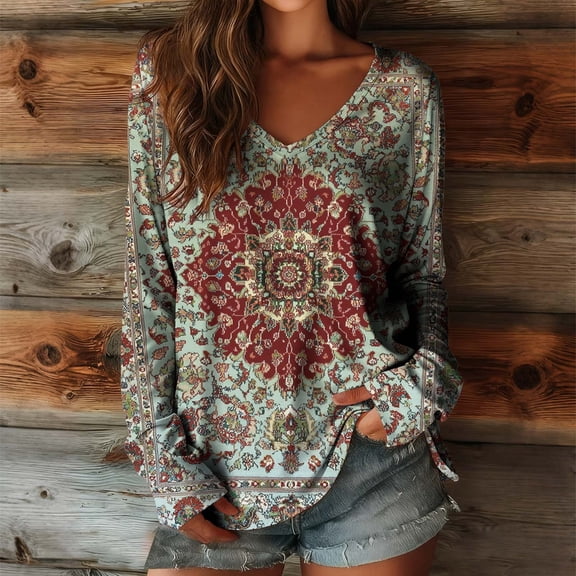 YUNAFFT Elegant Vintage Print Loose Fit V-Neck Long Sleeve Blouse for Women with Comfortable Stretch Casual Everyday Top