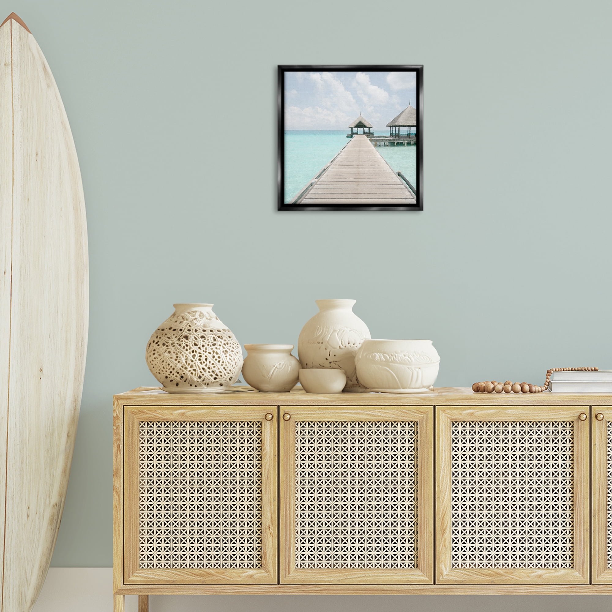 Stupell Industries Tropical Long Pier Coastal Photography Black Floater Framed Canvas Art Print Wall Art, 18 x 18