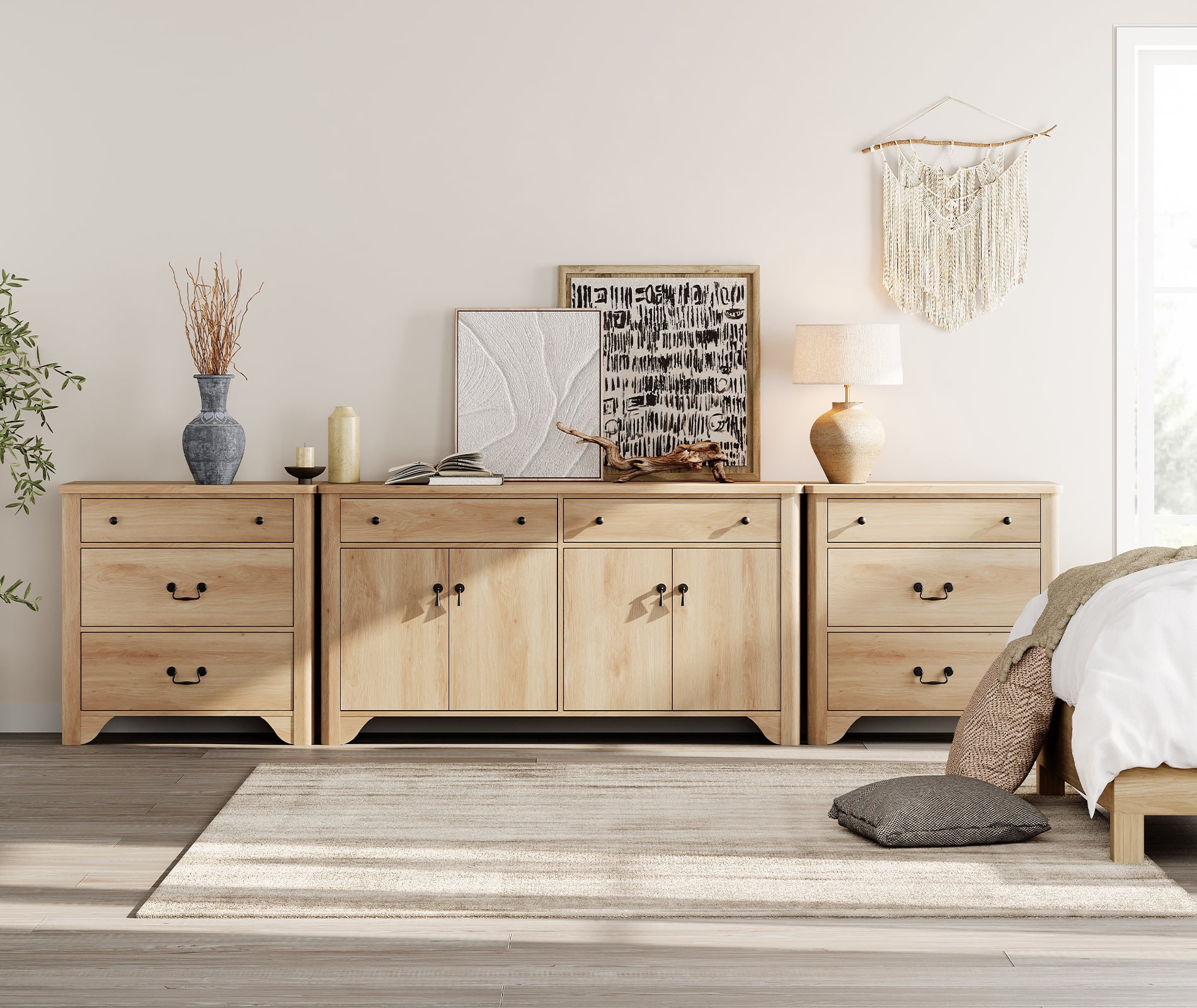 WAMPAT 59" Farmhouse Sideboard Buffet Cabinet with 3-Drawer Dresser Set of 2,Wood Coffee Bar Cabinet with Storage for Bedroom,Kitchen,Entryway,Hallway,and Living Room,Oak