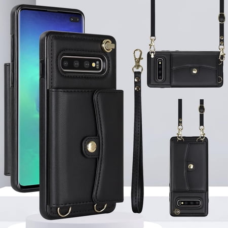 REQO Phone Case for Samsung Galaxy S10 Plus Wallet Cover with RFID Blocking Credit Card Holder Wrist Crossbody Strap Lanyard Stand Cell Accessories S10+ S10plus 10S Edge S 10 10plus Women Men Black