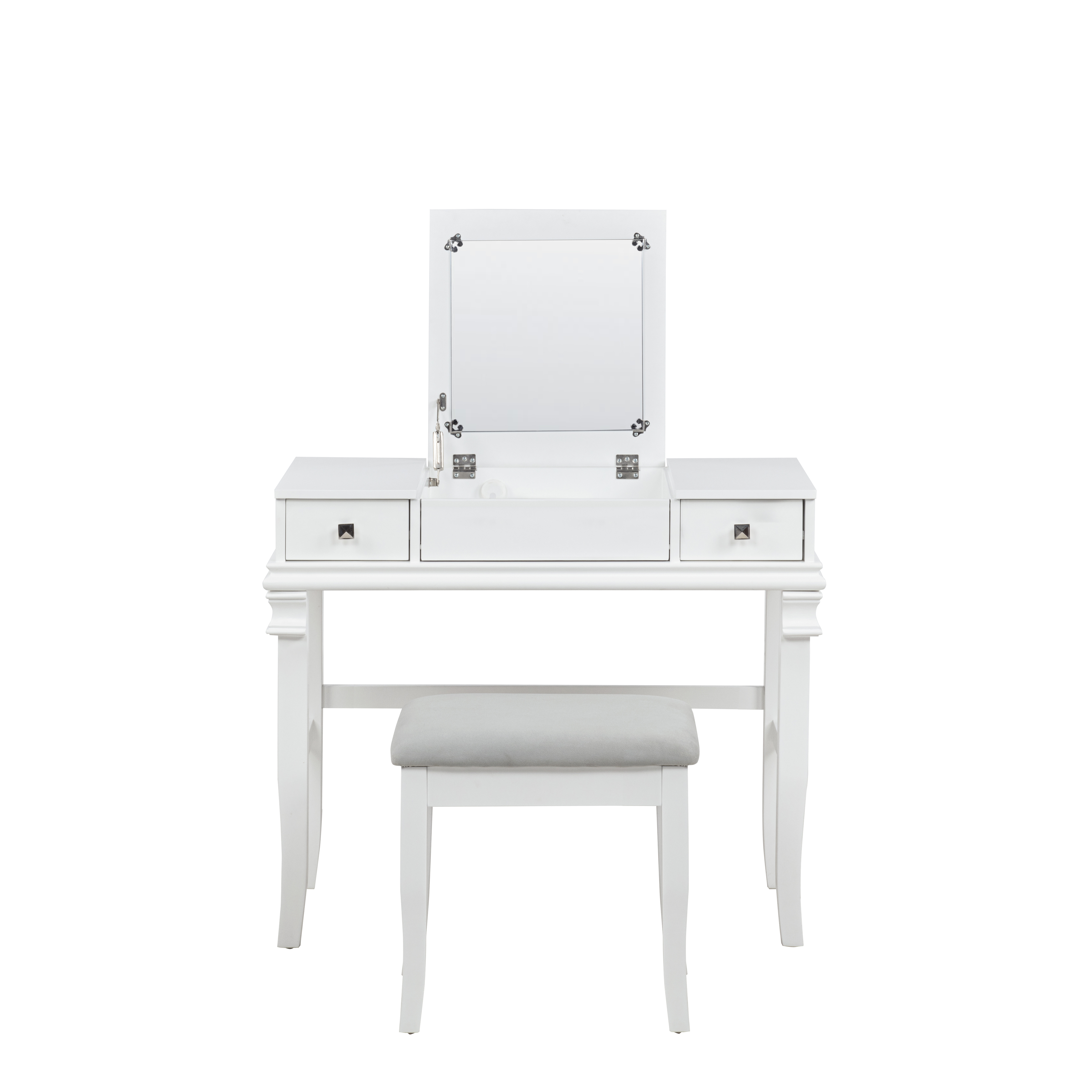 Linon Morton 2-Piece Vanity Set with Flip-Top Mirror and Upholstered Stool, White & Gray