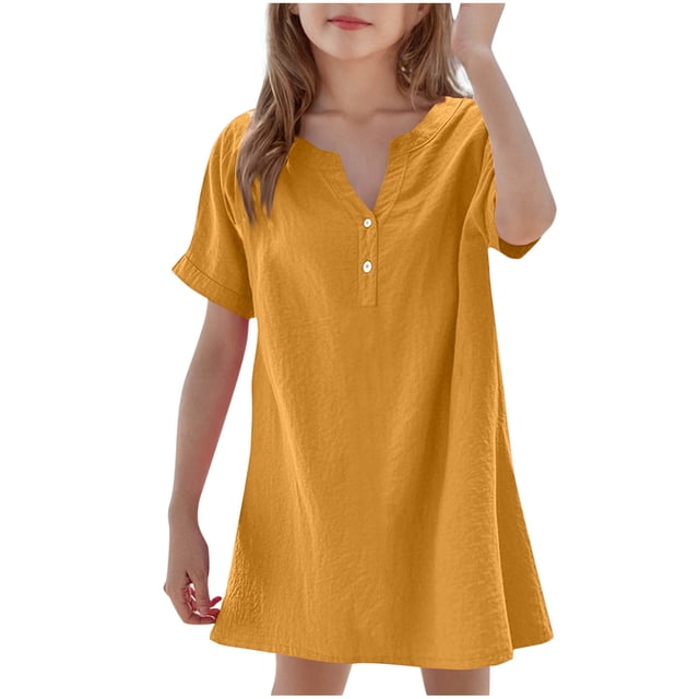 breaise Robe T-Shirt d'Été pour Fille, Manches Courtes, Décontractée, Col en V, Orange 130