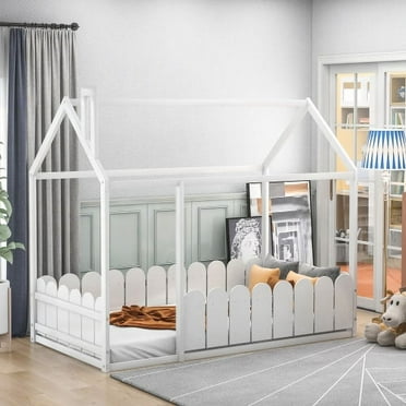 Twin Size House Bed for Boys and Girl Wood Twin Platform Bed Frame Playhouse Design Canopy Bed Tent Bed with Roof and Fence, White