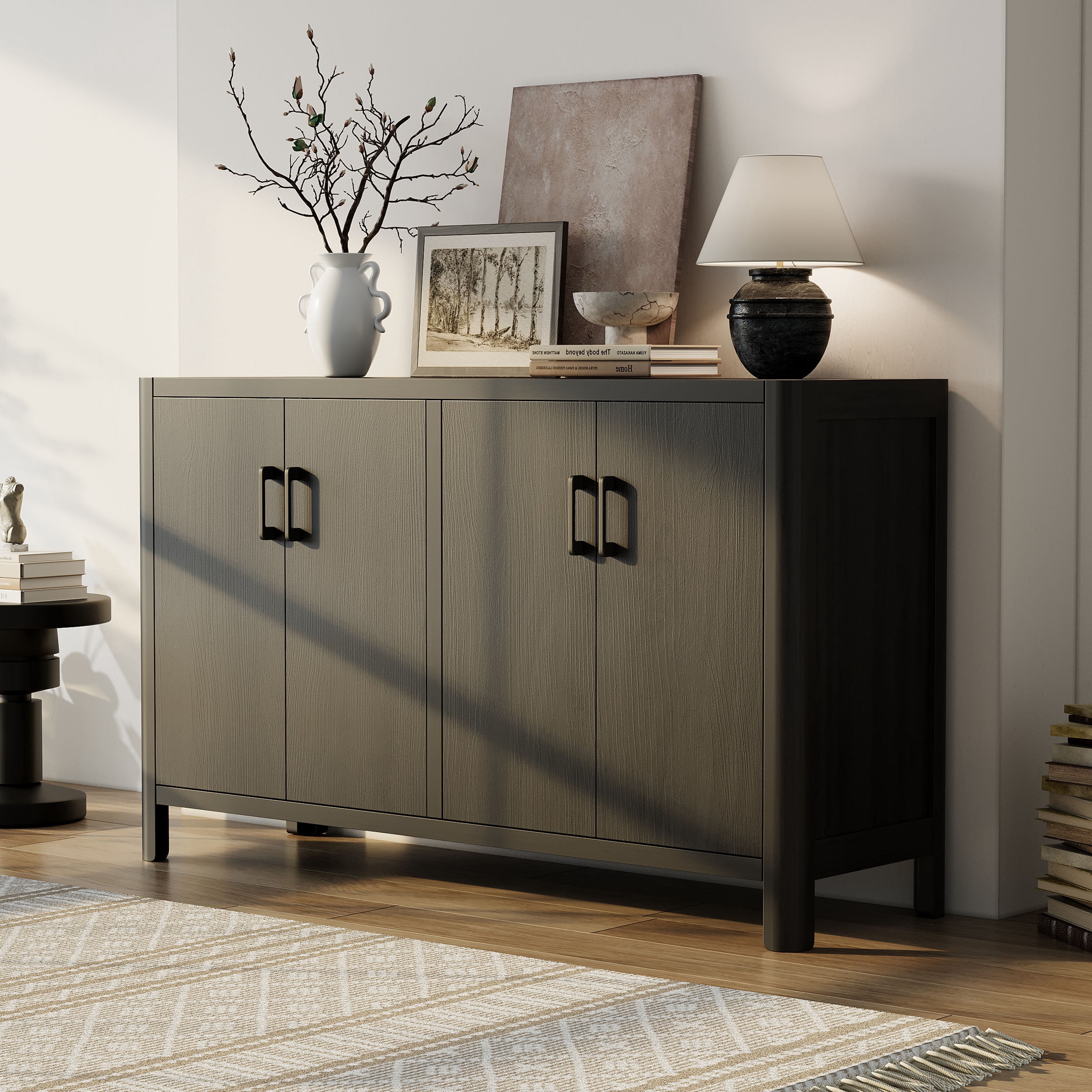 Noble House Farmhouse Style 4-Door Cabinet with Natural Finish,Black